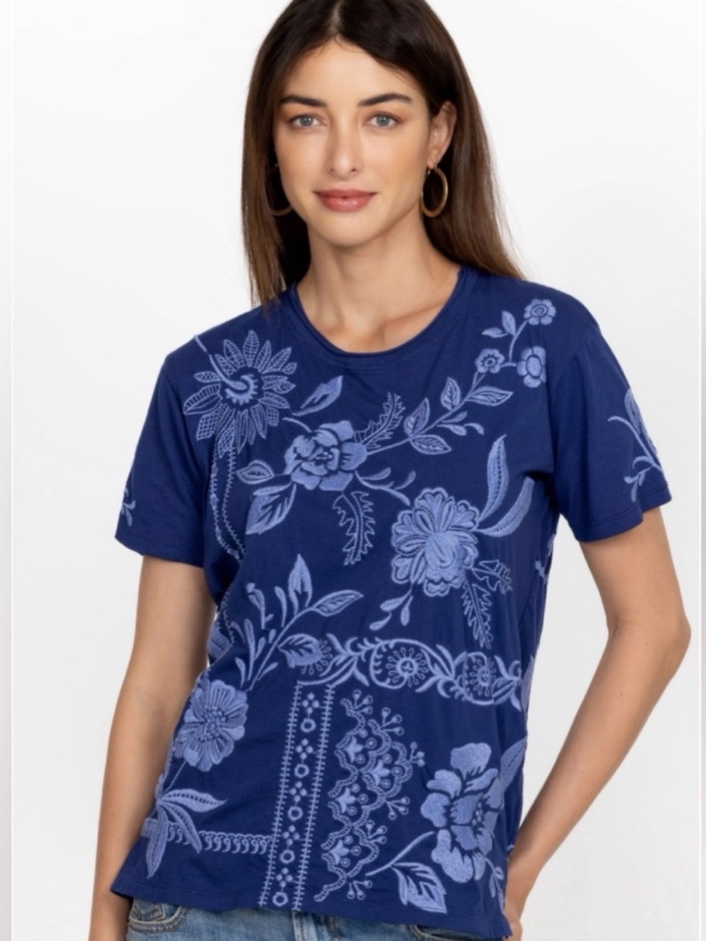 Johnny Was Navy Floral Short Sleeve Tee (B7)